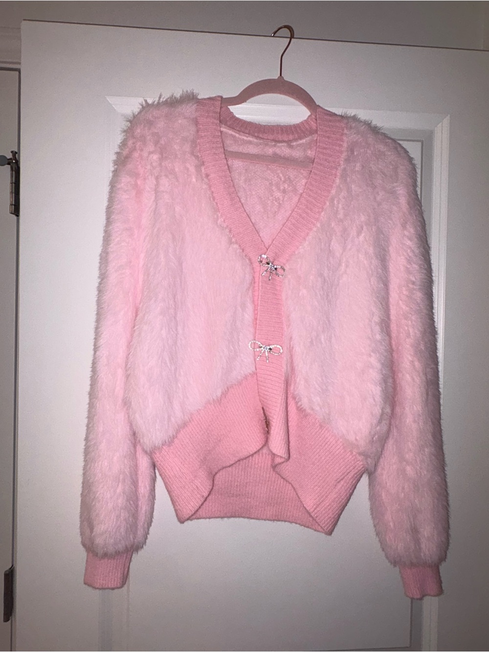 Soft Pink Fuzzy V-Neck Cardigan Sweater